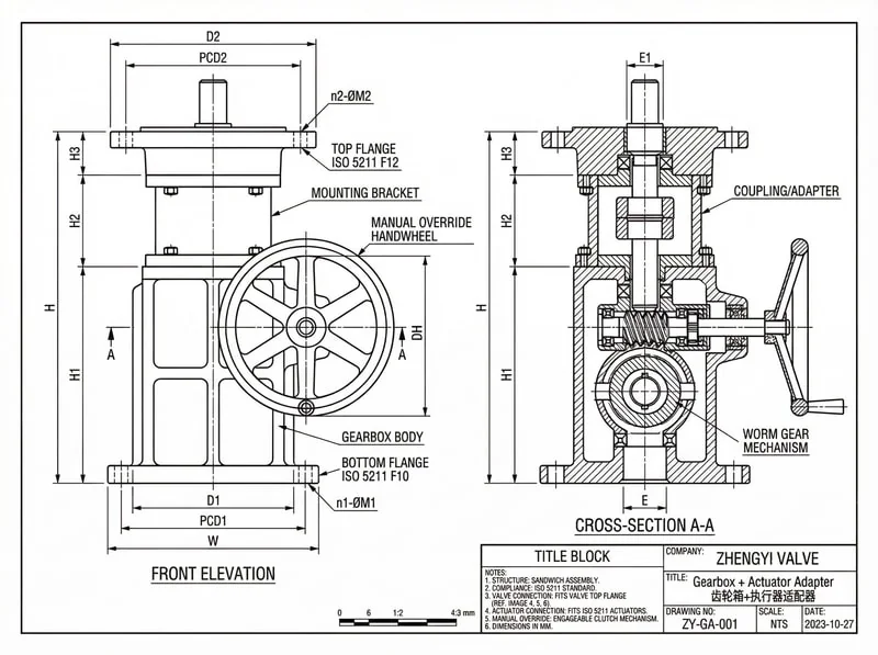 Butterfly valve with gearbox and actuator adapter to ISO 5211