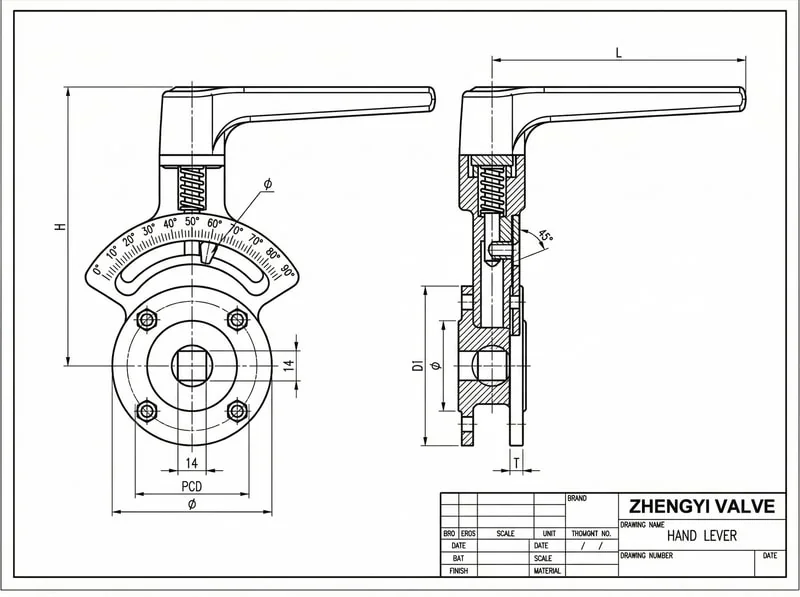 Butterfly valve with hand lever operation